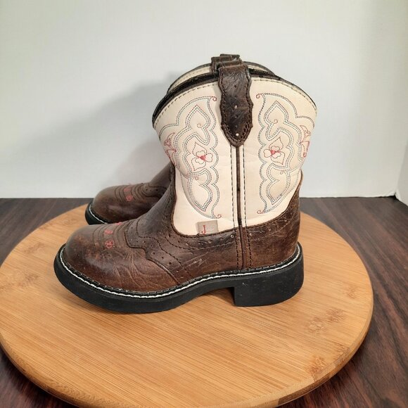 Justin Gypsy Girls Size 12 Boots Cream Brown Leather Pull On Western Cowgirl - Picture 3 of 10